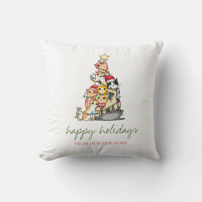Holiday We Have Moved,Adorable Cats Pine Tree Throw Pillow (Front)