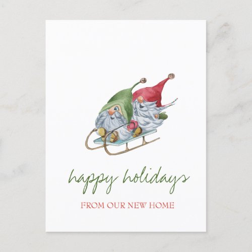 Holiday We Have MovedAdorable Gnomes Sleigh Announcement Postcard