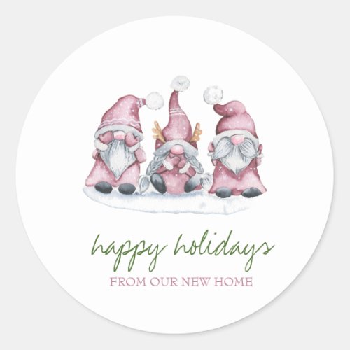 Holiday We Have MovedAdorable Pink Gnomes  Classic Round Sticker