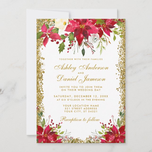 Holiday Wedding Floral Poinsettia Gold Glitter Invitation (Front)