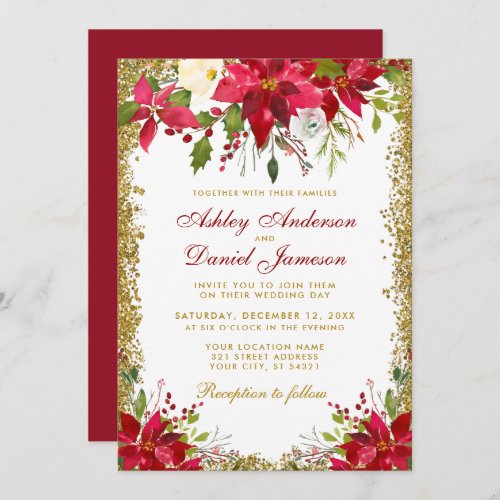 Holiday Wedding Floral Red Poinsettia Gold Glitter Invitation