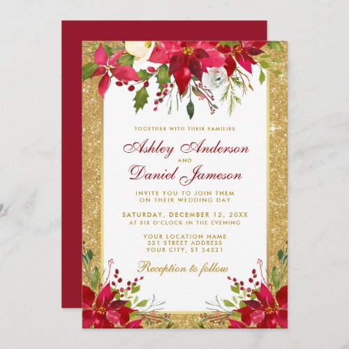 Holiday Wedding Gold Glitter Red Floral Poinsettia Invitation