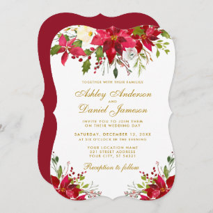 Holiday Wedding Gold Red Floral Poinsettia Invitation