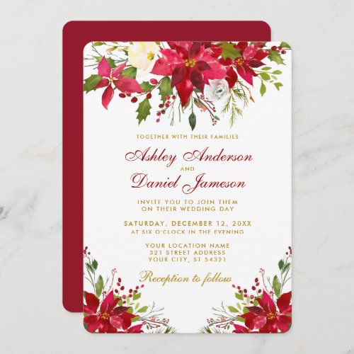 Holiday Wedding Poinsettia Floral Gold Red R Invitation