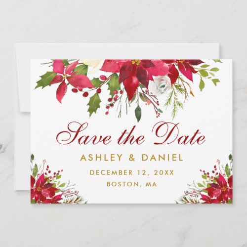 Holiday Wedding Poinsettia Floral Gold Red Save The Date