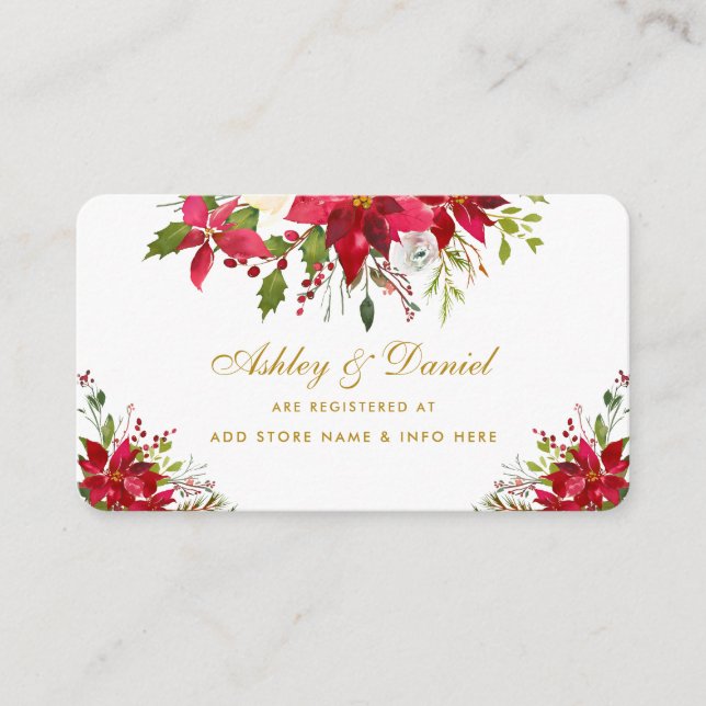Holiday Wedding Poinsettia Floral Gold Registry Enclosure Card (Front)