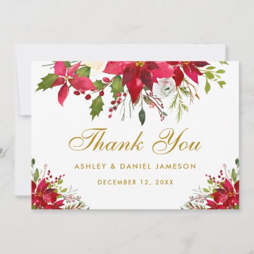 Holiday Wedding Poinsettia Floral Gold Thank You Card