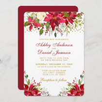 Holiday Wedding Poinsettia Floral Red Gold Glitter Invitation