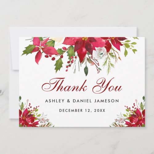 Holiday Wedding Poinsettia Floral Red Thank You Card
