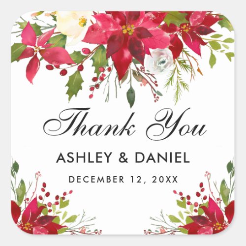 Holiday Wedding Poinsettia Floral Thank You Square Sticker