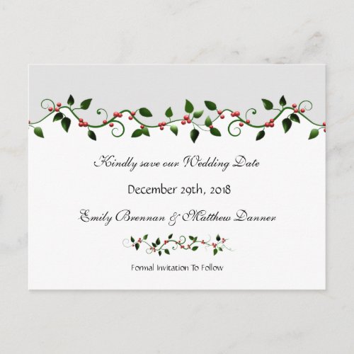 Holiday Wedding Save the Date Red Berry Vine Announcement Postcard