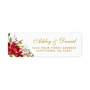 Holiday Wedding Watercolor Floral Poinsettia Gold Label