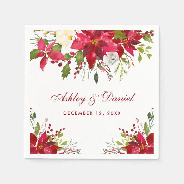 Holiday Wedding Watercolor Poinsettia Floral Red Napkins (Front)
