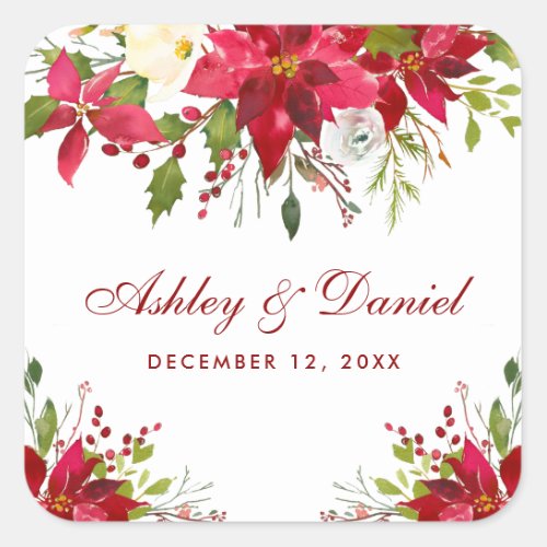 Holiday Wedding Watercolor Poinsettia Floral Red Square Sticker
