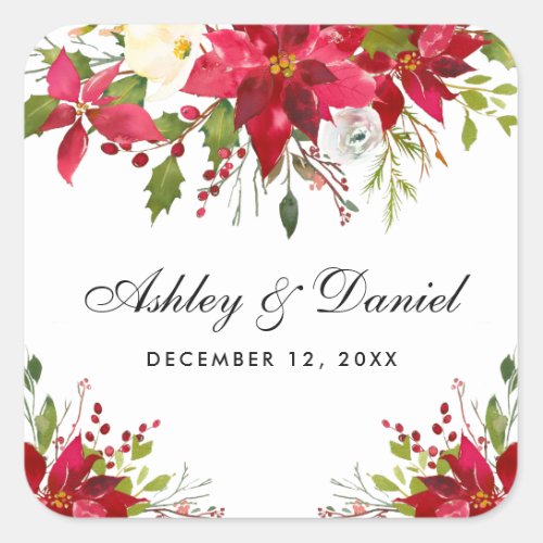 Holiday Wedding Watercolor Poinsettia Floral Square Sticker