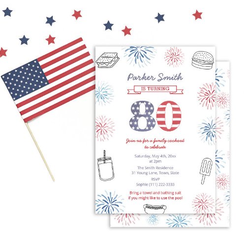 Holiday Weekend Red White Blue 80th Birthday Party Invitation