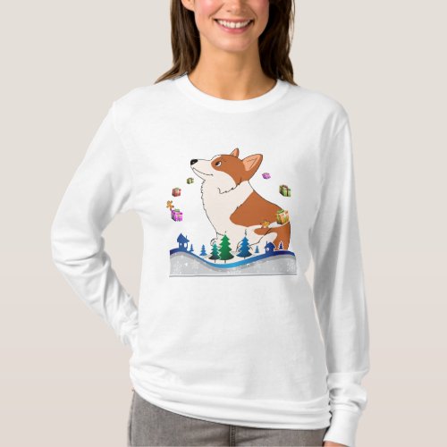 Holiday Welch Corgi with Floating Presents T_Shirt