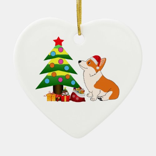 Holiday Welsh Corgi Cartoon with Tree Ceramic Ornament