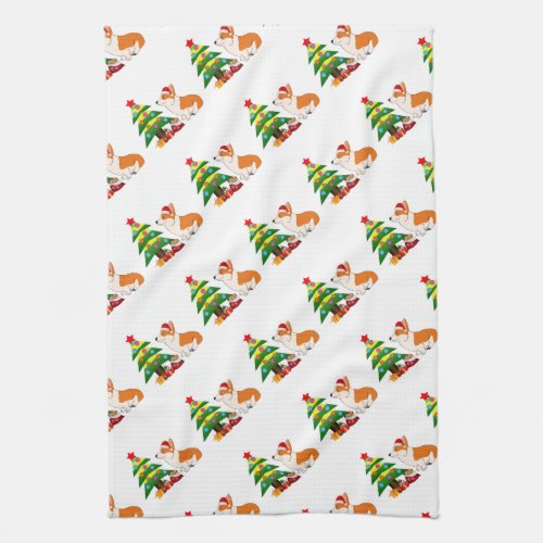 Holiday Welsh Corgi Cartoon with Tree Kitchen Towel