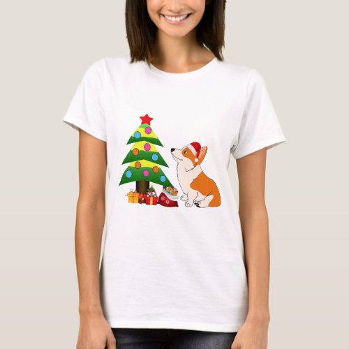 Holiday Welsh Corgi Cartoon with Tree T_Shirt