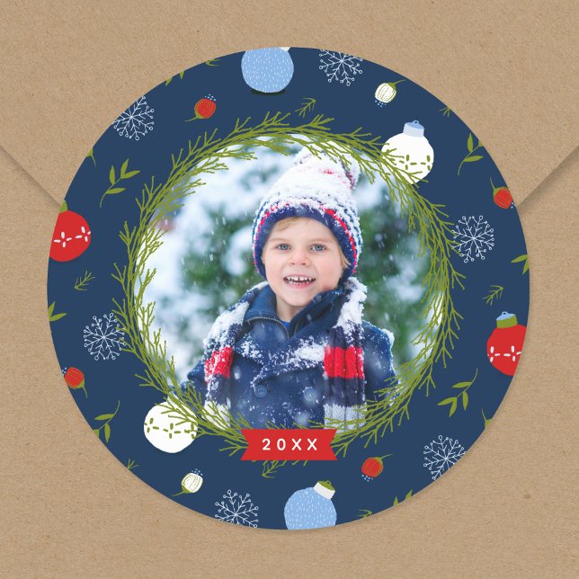Holiday Whimsy Personalized Christmas Photo Classic Round Sticker (Creator Uploaded)
