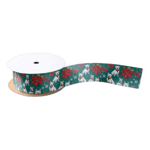 Holiday White Christmas Dogs And Poinsettias Satin Ribbon