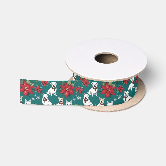 Holiday White Christmas Dogs And Poinsettias Satin Ribbon (Spool)
