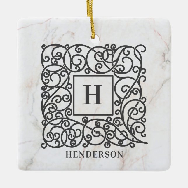 Holiday White Marble Monogram Family Name Ceramic Ornament (Front)