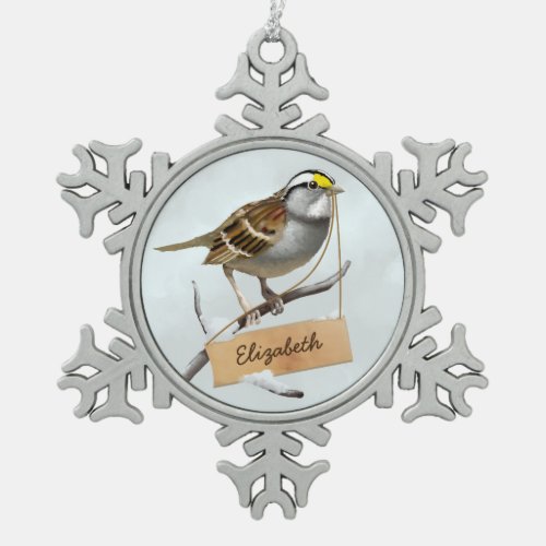 Holiday White throated sparrow Customize Name Snowflake Pewter Christmas Ornament