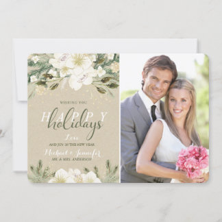 Holiday White Watercolor Floral Kraft Photo Card