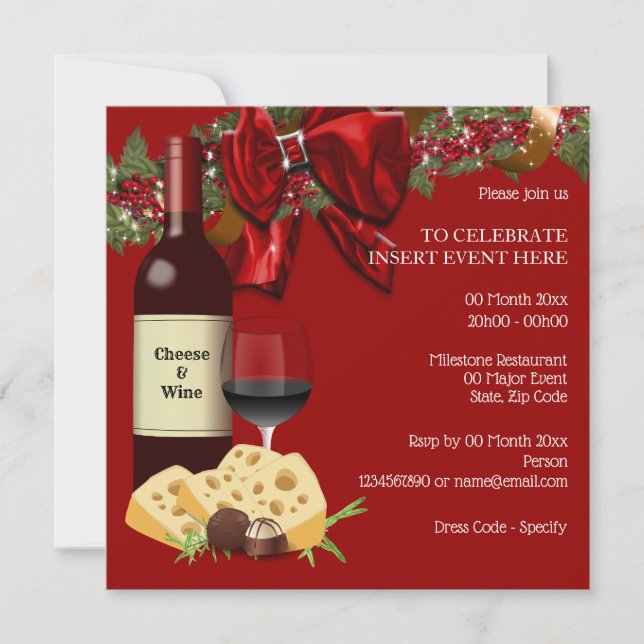 Holiday wine cheese party family friends cocktail invitation (Front)