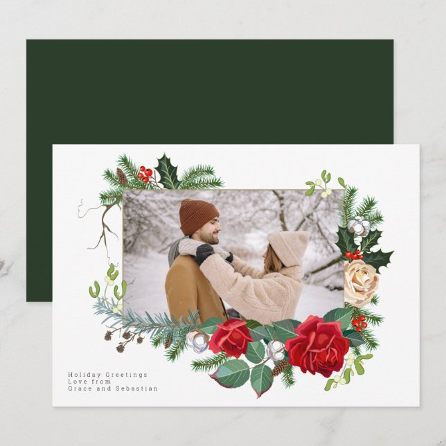 Holiday Winter Botanical Photo Personalized Card (Front/Back)