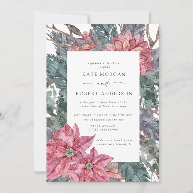 holiday winter floral wedding invitation (Front)