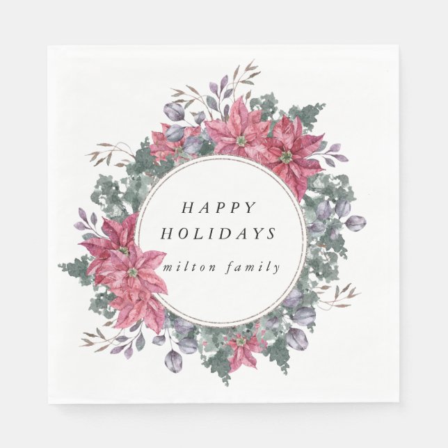 holiday winter floral wreath monogram paper  napkins (Front)