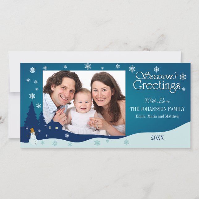 Holiday Winter Landscape with Snowman Photo Cards (Front)