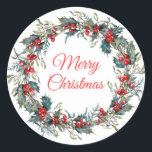 Holiday Winter Mistletoe Berries Christmas Wreath Classic Round Sticker<br><div class="desc">Matching items available.</div>
