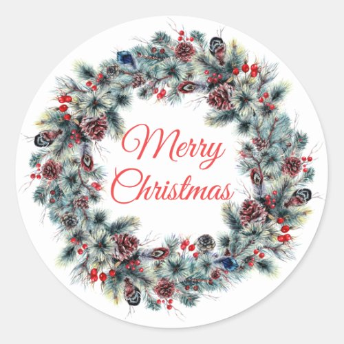 Holiday Winter Pine Cones Christmas Wreath Favor Classic Round Sticker