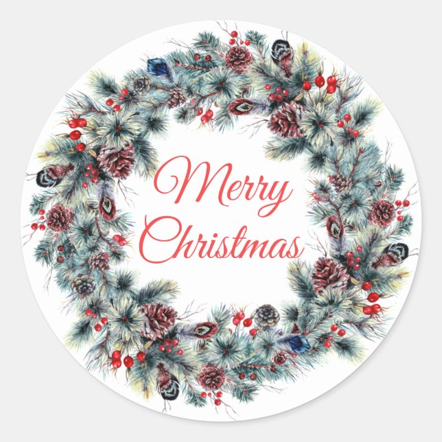 Holiday Winter Pine Cones Christmas Wreath Favor Classic Round Sticker (Front)
