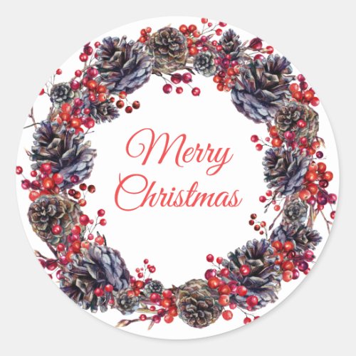 Holiday Winter Pine Cones Christmas Wreath Favor Classic Round Sticker