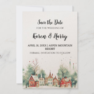 Holiday Winter Town Trees Save the Date Watercolor Invitation