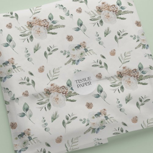 Holiday Winter White Floral Pinecone Christmas Tissue Paper