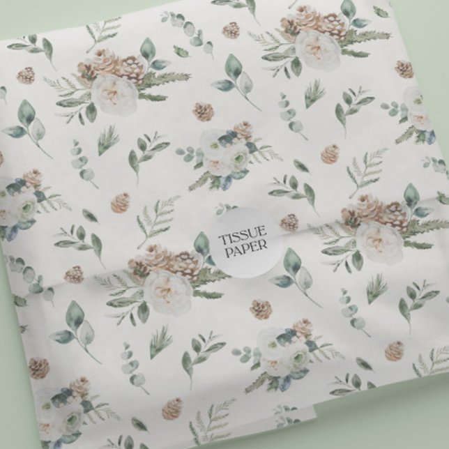 Holiday Winter White Floral Pinecone Christmas Tissue Paper (Creator Uploaded)