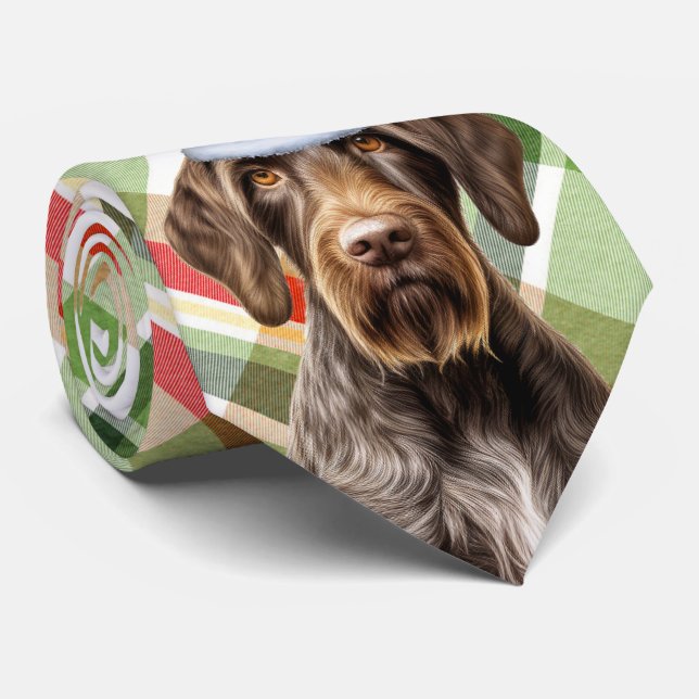 Holiday Wirehaired Pointer Dog Plaid Christmas Neck Tie (Rolled)