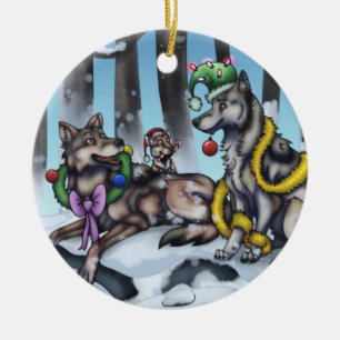 Holiday Wolves Ceramic Ornament