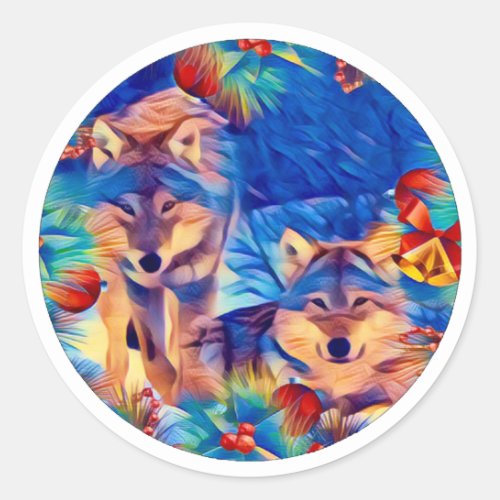 Holiday Wolves Classic Round Sticker