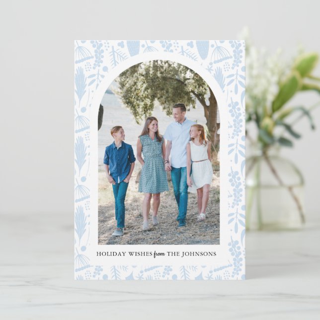 Holiday Woodland Arch Personalize Photo Card Blue (Standing Front)