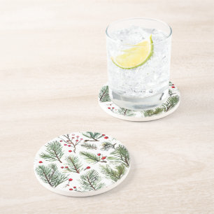 Holiday Woodland Pine & Red Berries Design Coaster