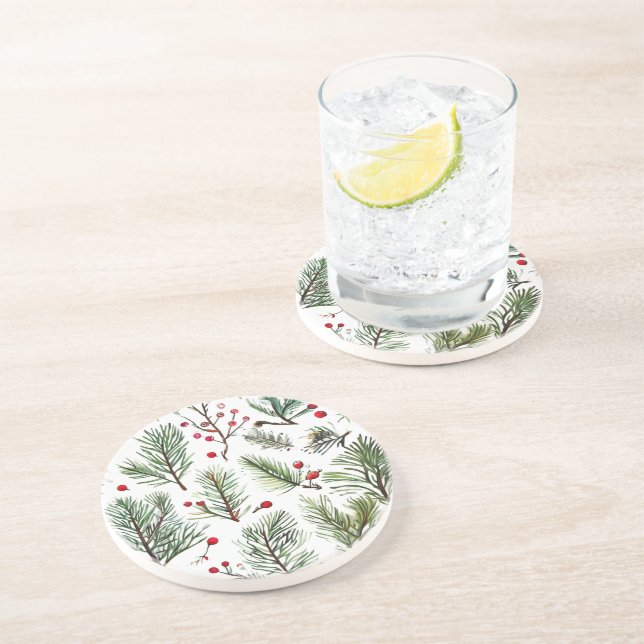 Holiday Woodland Pine & Red Berries Design Coaster (Side)