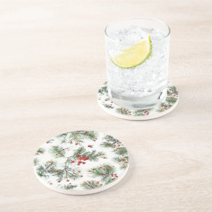 Holiday Woodland Pine & Red Berries Design Coaster