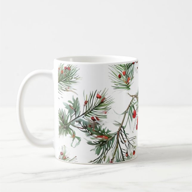 Holiday Woodland Pine & Red Berries Design Coffee Mug (Left)